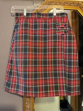 Red Plaid Girls' A-Line Skirt with Side Button Detail